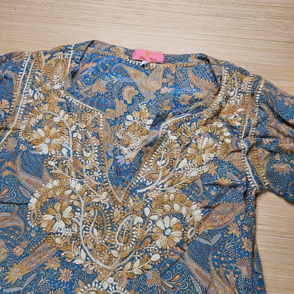 Boho Blue Paisley Embroidered Tunic Top Women's Small 38 Alka Vera Festival READ